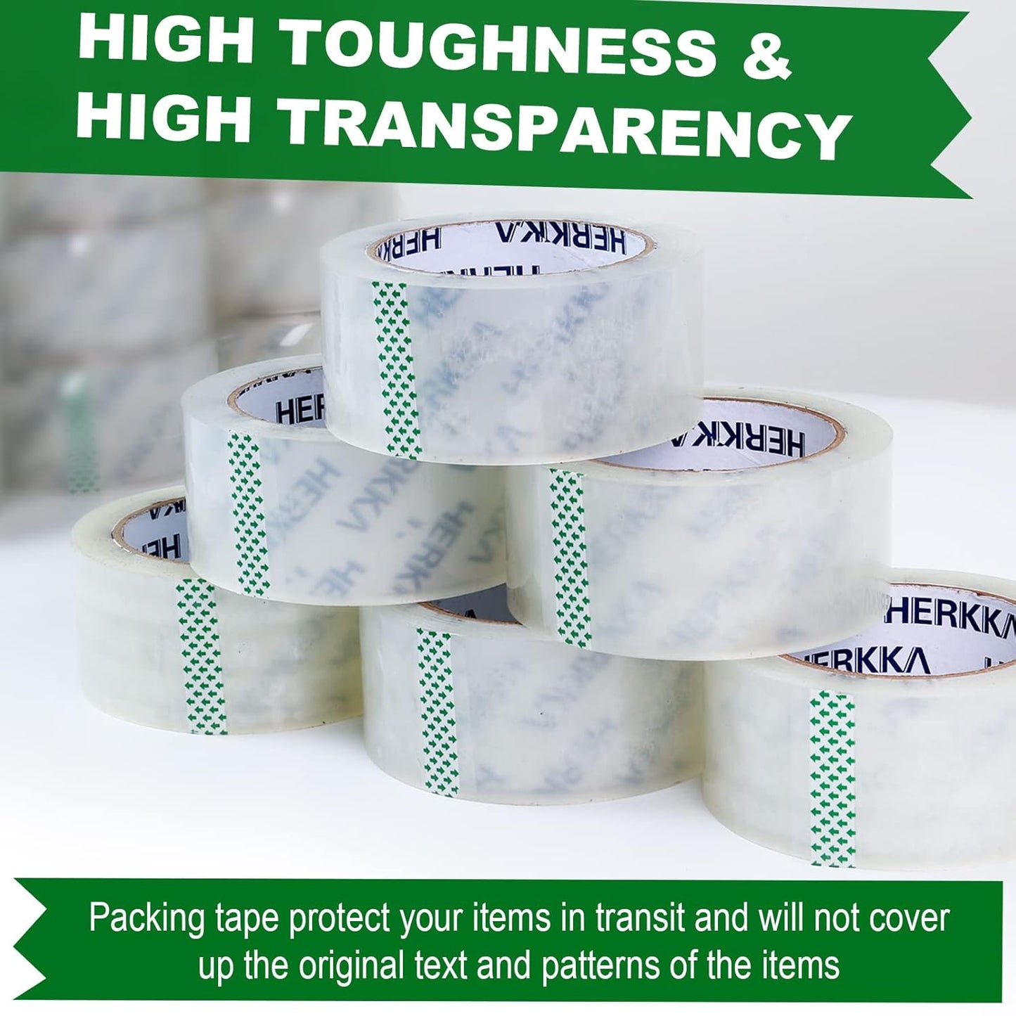 HERKKA Clear Packing Tape, 18 Rolls Heavy Duty Packaging Tape for Shipping Packaging Moving Sealing, Thicker Clear Packing Tape, 1.88 inches Wide, 65 Yards Per Roll, 1170 Total Yards