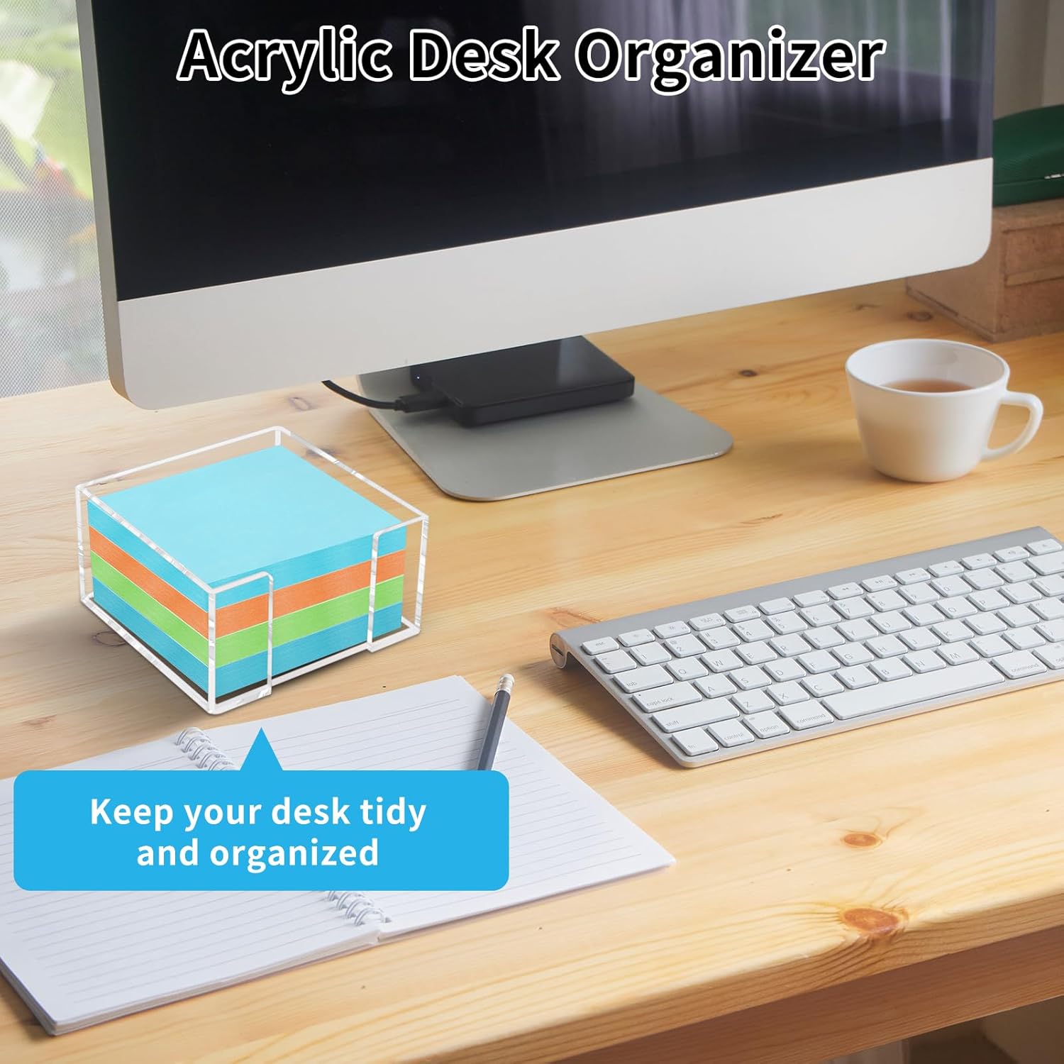 Acrylic Sticky Note Holder - 3 x 3 Inch Post It Note Holder, Crystal Clear Sticky Note Dispenser for Dorm Room Home and Office Acrylic Desk Organizer