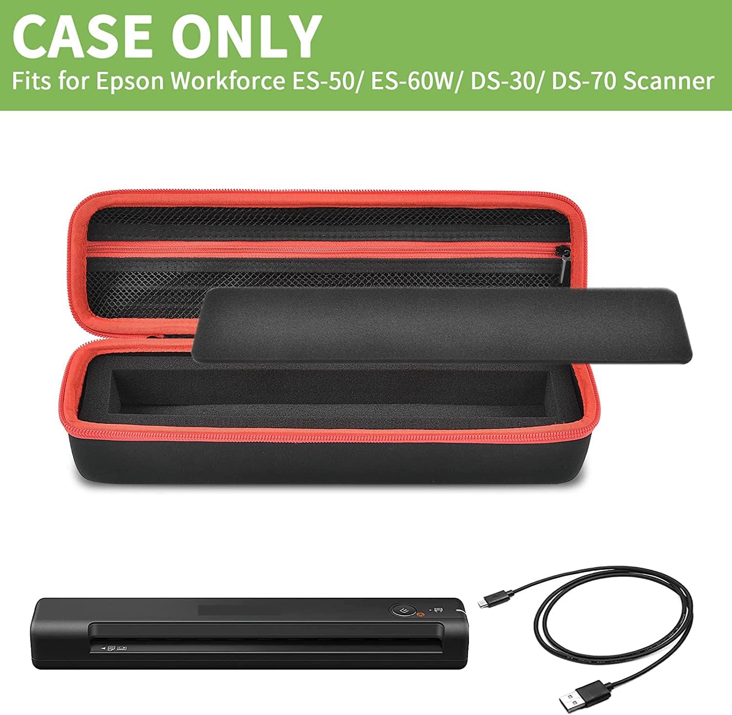 ALKOO Case Compatible with Epson Workforce ES-50/ ES-60W/ ES-55R/ ES-65WR/ DS-30/ DS-70/ DS-80W Portable Sheet-Fed Document Scanner, Storage for Epson Scanner for PC and Mac- Black (Box Only)