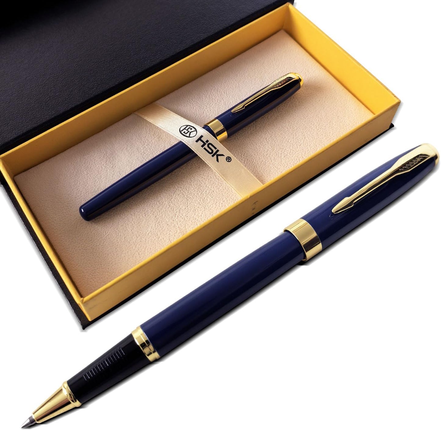 HSK Ballpoint Pens Executive Fountain Pen with Gold Trim, Gift Box Set, Available in Black, Red, Navy Blue,Black Refill Line width 0.5mm (Blue)