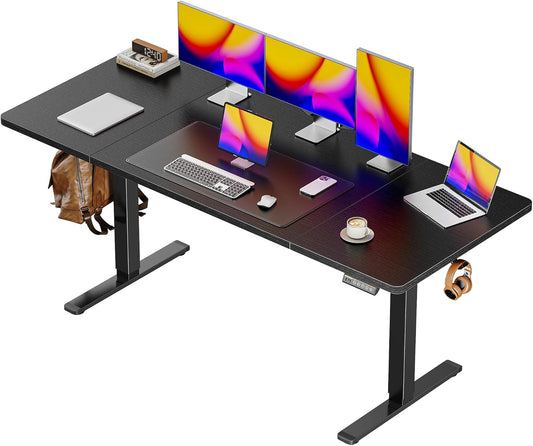 Huuger 63 x 28 Large Electric Standing Desk, Height Adjustable Computer Desk, 27.6" Deep Desktop, Stand up Gaming Office Table with 2 Hooks, 3 Preset Heights, for Home Office, Black