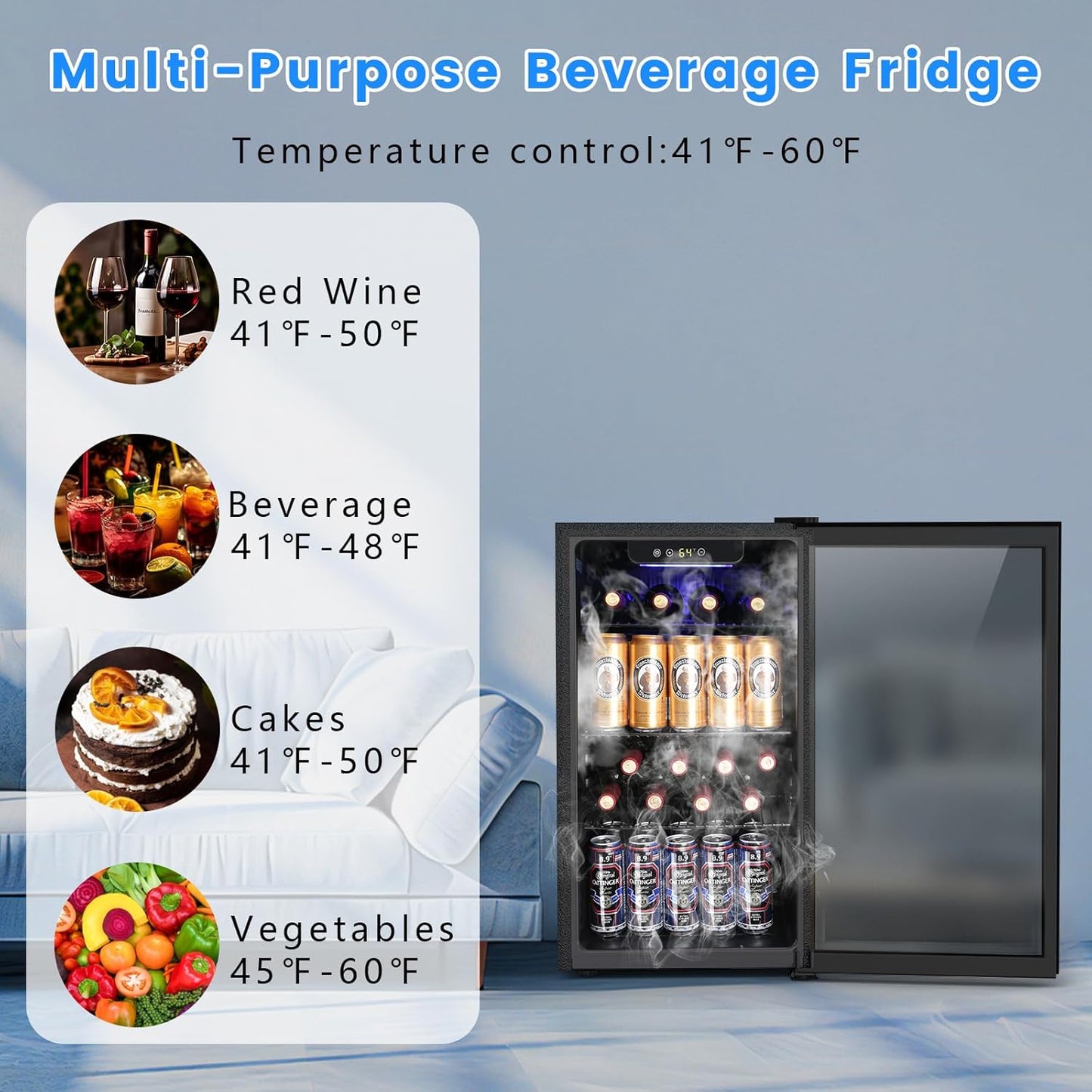 26 Bottle Wine Cooler 130 Can Beverage Refrigerator, Small Freestanding Cabinet Wine Cellar with 40℉-61℉ Temperature Control Glass Door, Black