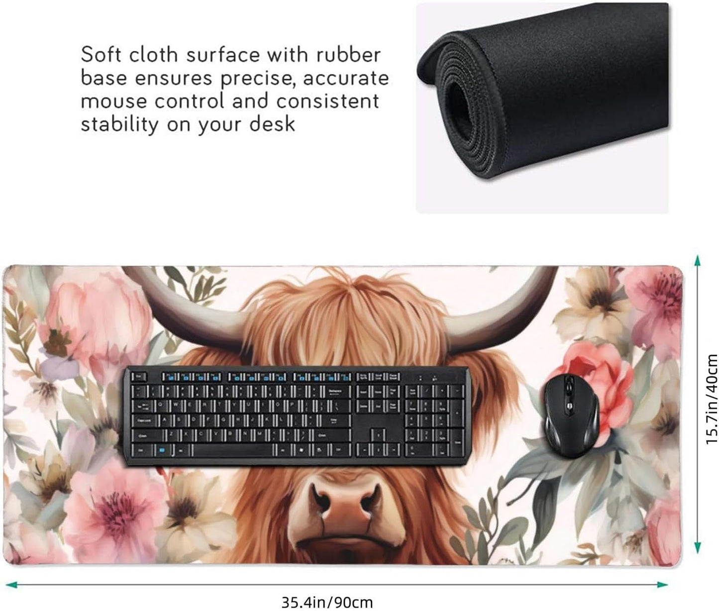 35.4 x 15.7 in, Waterproof XXL Large Mouse Pad for Desk, Extended Keyboard Mouse Mat for Computer Office, Big Laptop Mouse pad, Gaming Pc-Highland Cow Pink Floral