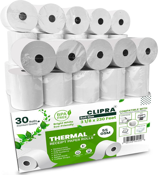3 1/8 x 230ft Thermal Paper Receipt Rolls (30 PACK) 55 GSM - Compatible with ALL POS Systems, Cash Registers - BPA Free, Premium Quality Receipt Paper Rolls