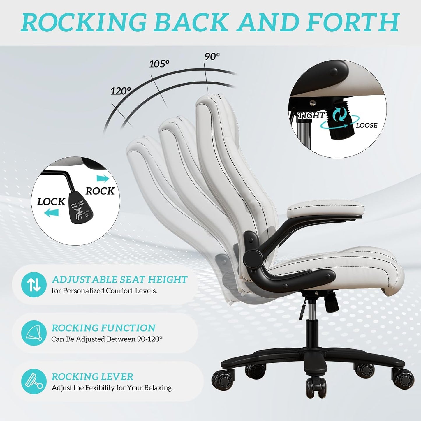 GYI O205P High Back Executive Office Chair, Big and Tall Office Chair 400LBS with Rubber Wheels,Ergonomic Adjustable Computer Desk Chairs with Padded Flip-up Armrests,Lumbar Support (White)