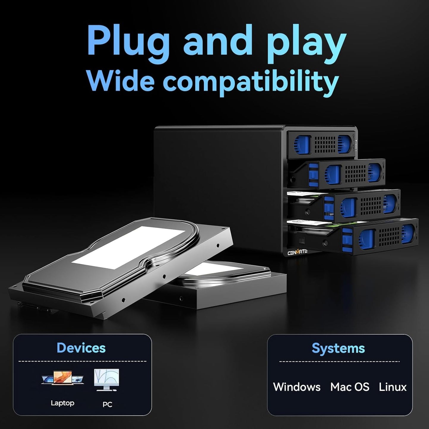 4 Bay Hard Drive Enclosure with Cooling Fan for 2.5/3.5" SATA HDD/SSD with USB A/C 3.0 Cable, Tool-Free HDD Enclosure, 3.5 Hard Drive Enclosure Support 80TB, Hot Swappable(NO RAID/NAS)