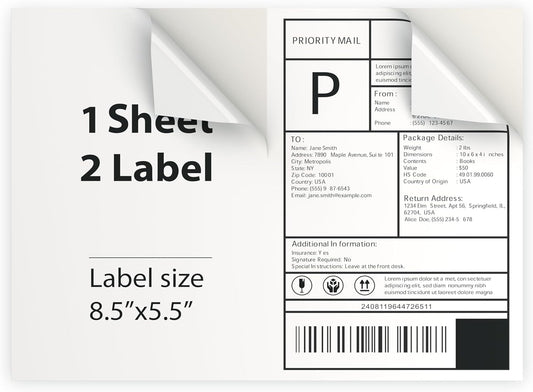 200 Sheet (400 Labels) | 8.5" x 11" Half Sheet Self Adhesive Shipping Labels for Laser & Inkjet Printers | Ecommerce, Address, Mailing, Labeling, Packaging