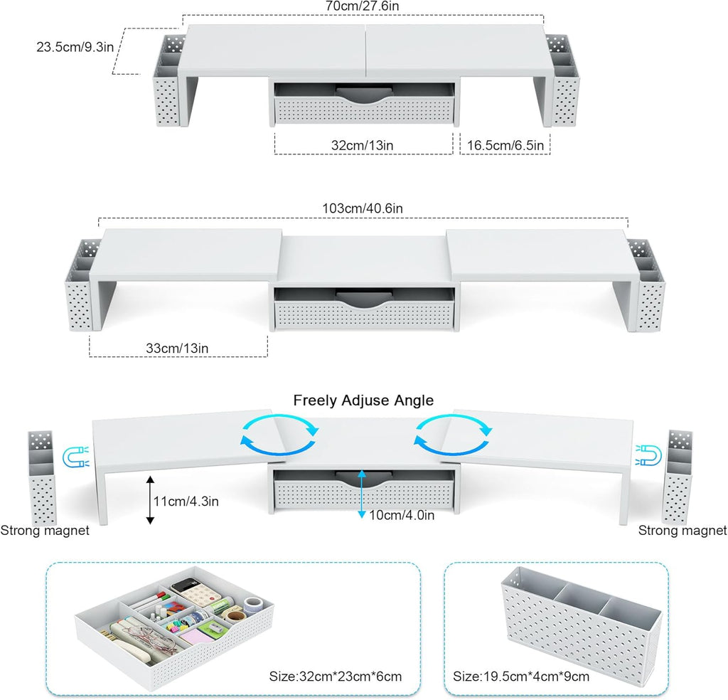 Spacrea Metal Desk Organizers and Accessories, Dual Monitor Stand Riser with Drawer and 2 Pen Holders, Desk Accessories & Workspace Desktop Organizers for Office Supplies (White)