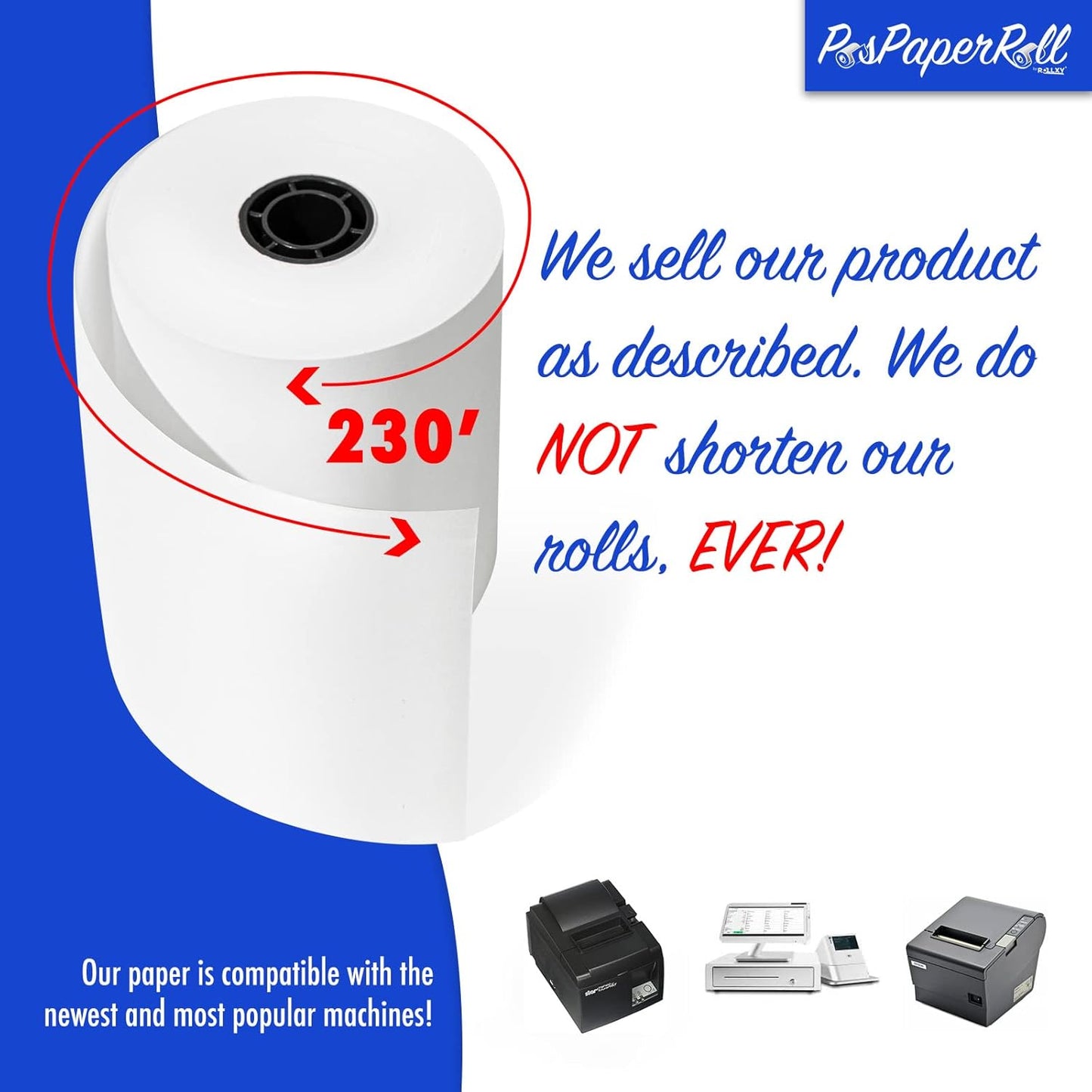 3 1/8 x 230 Thermal Paper Receipt Rolls (50 GSM - Solid Core) Fits All POS Cash Registers Printers, Clover Square Stations, Star Micronics SCP700, TSP100 BPA Free - Premium Grade (100 Rolls)