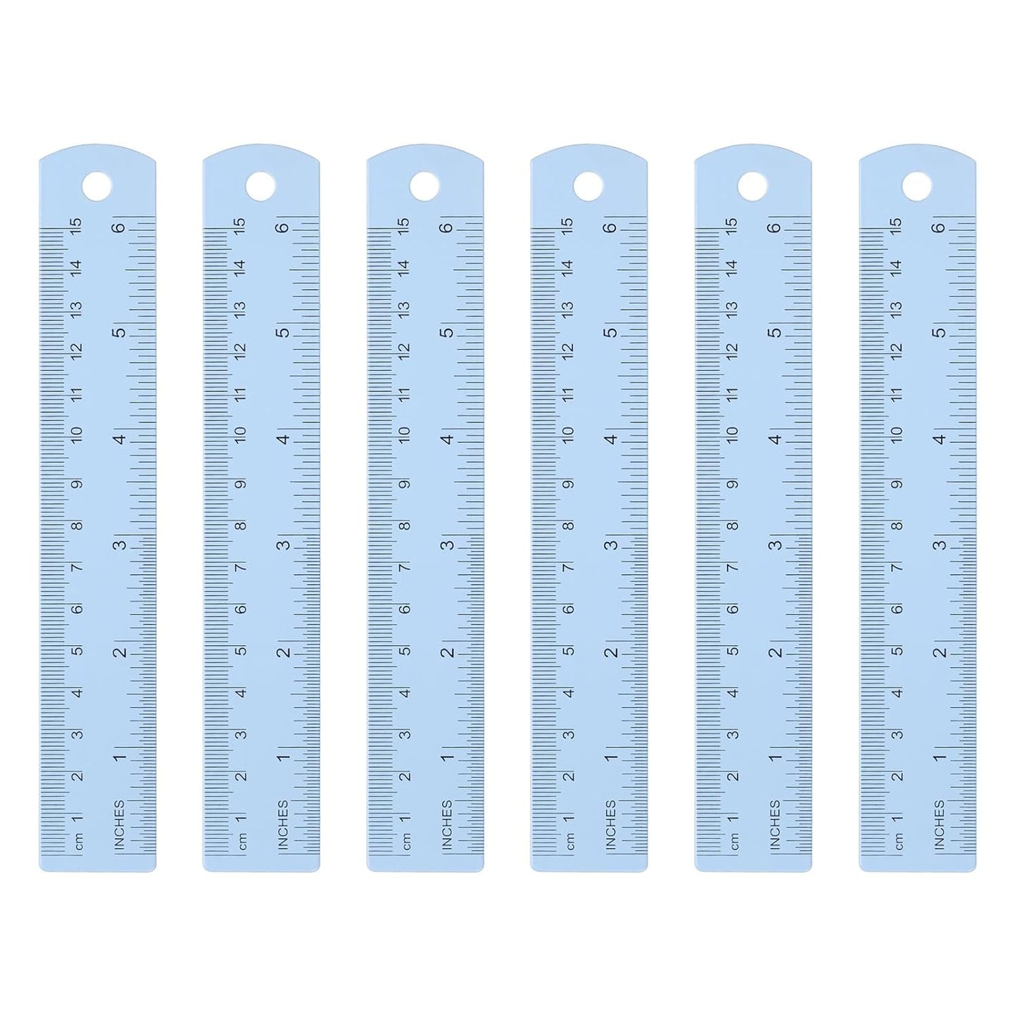 HARFINGTON 6pcs Metal Straight Ruler 15cm Metric SAE Aluminum Alloy Measuring Rulers Scale Tool with Hole for Measure Study Reading Classroom Office, Light Blue