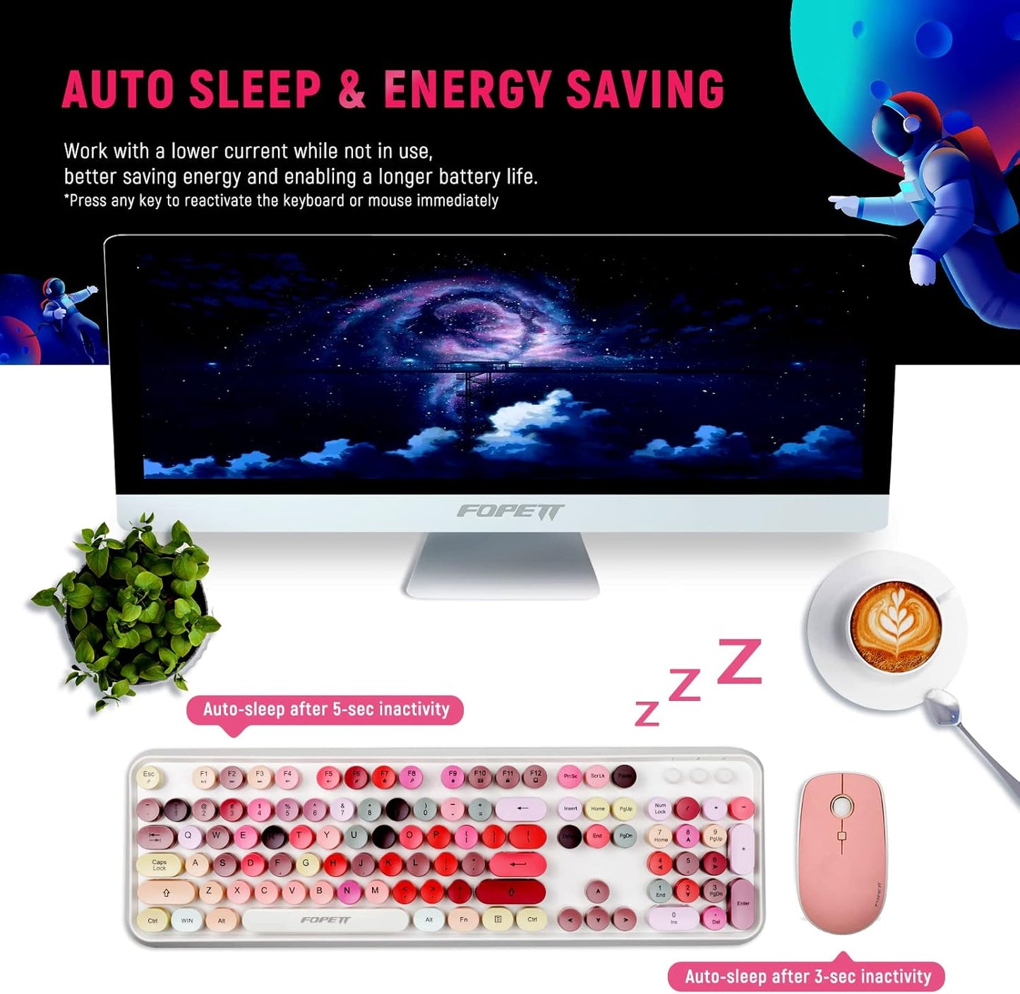 FOPETT Wireless Keyboard and Mouse Sets,Reliable 2.4 GHz Connectivity for PC,Laptop,Smart TV and More (White Colorful)