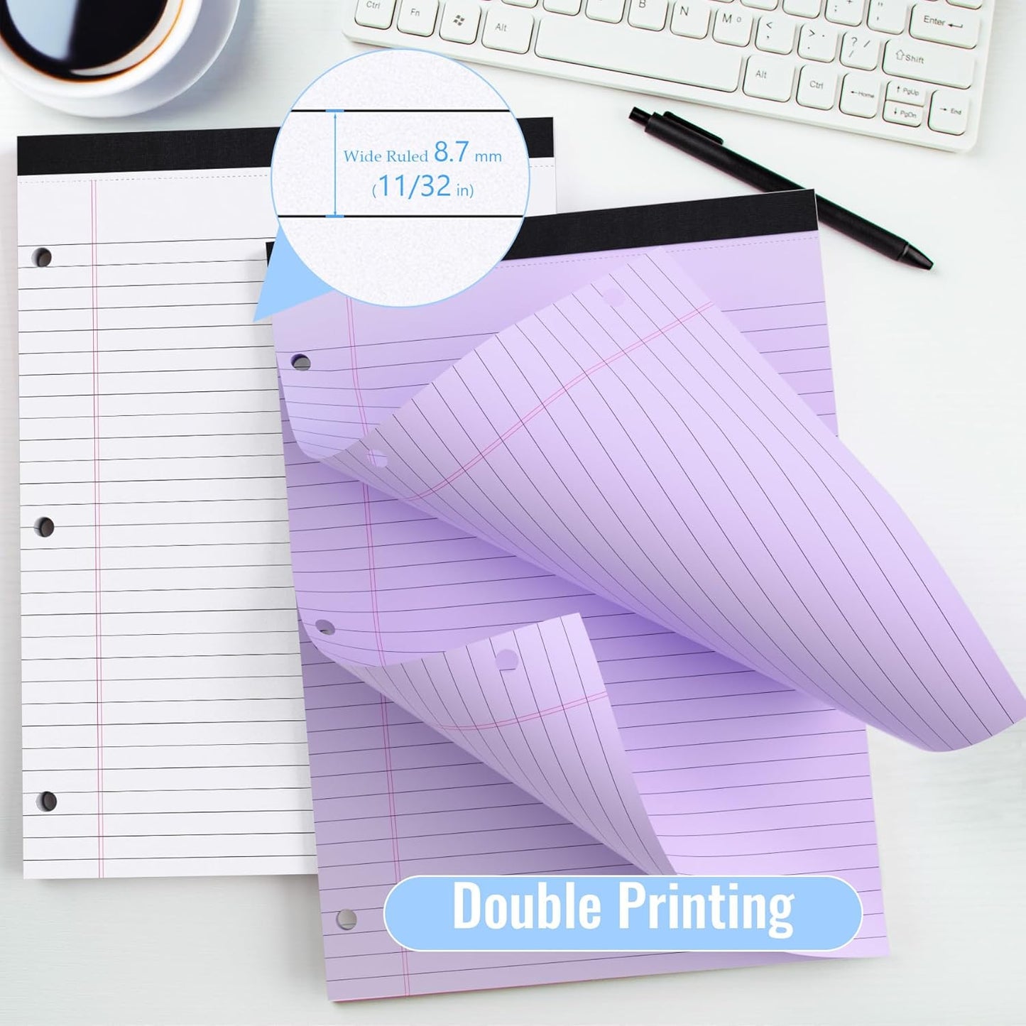 HAUTOCO 6 Pack 8.5 x 11 Legal Pads Colored Wide Ruled Notepads Perforated Writing Pads, 30 Sheets Per Notepad, 3-Hole Punched Paper, Writing Note Pads for School, Home, Office, Business