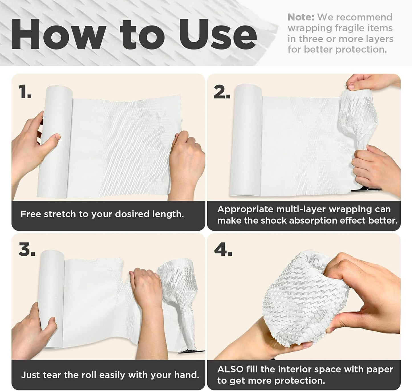 Honeycomb Packing Paper, 12"x150' White | Perforated Honeycomb Packing Paper Recyclable Moving Supplies for Shipping & Moving | Plastic-Free Alternative to Bubble Cushion Wrap with 36 Fragile Stickers