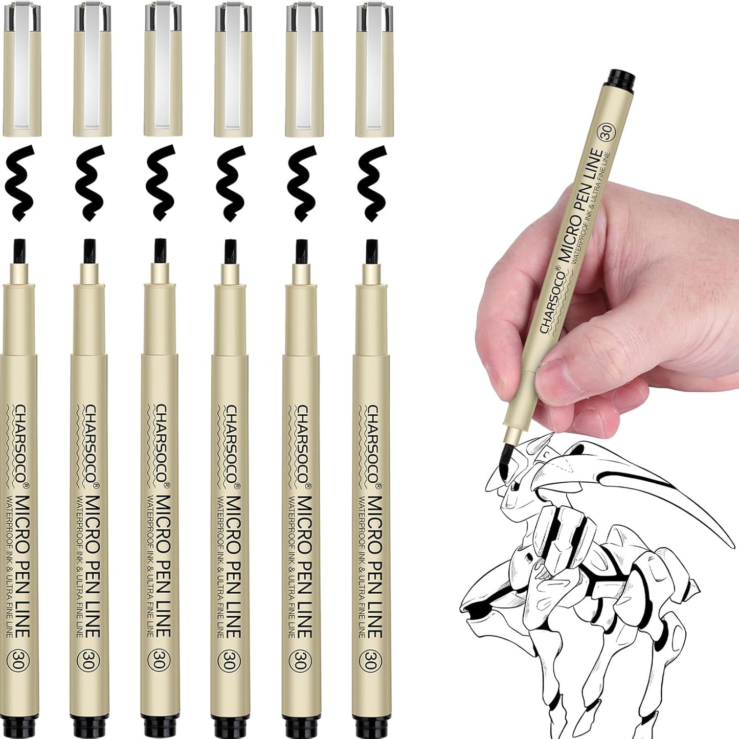 30 Micro Pen, 6 Pack Black Fine Point Pen with Waterproof Archival Ink, 3mm Fineliner Ink Pens for Artist Illustration, Sketching, Anime, Manga, Technical Drawing and Scrapbooking