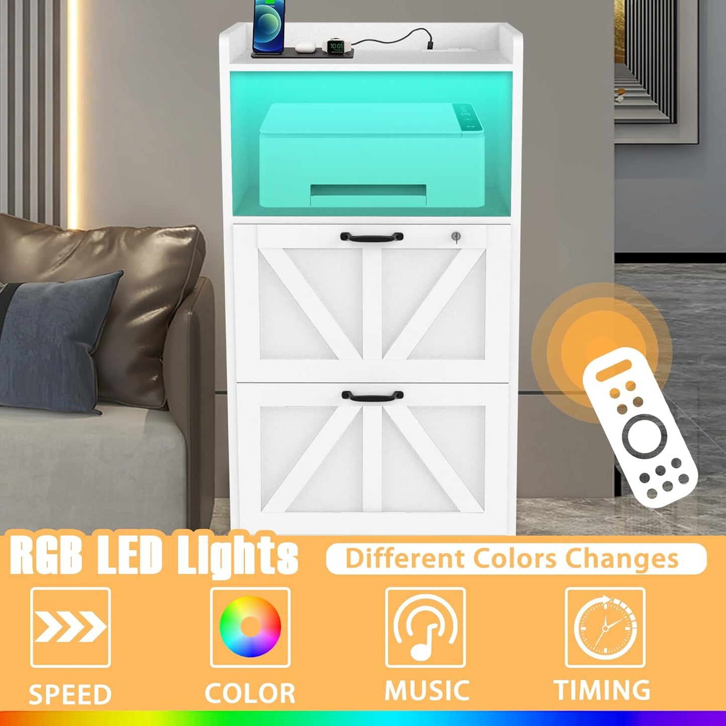 2 Drawer Lateral File Cabinet with Charging Station, Wood Filing Cabinet with Lock & LED Light, Large Storage Printer Stand for Home Office, White