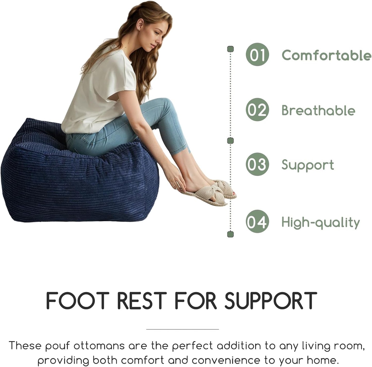 HIGOGOGO Square Stuffed Pouf Ottoman, Corduroy Poufs with Foam Chunk Filling, Furry and Fluffy Pouf Foot Stool Storage Ottoman, 21 X 21 Floor Poufs Foot Rest for Living Room, Navy