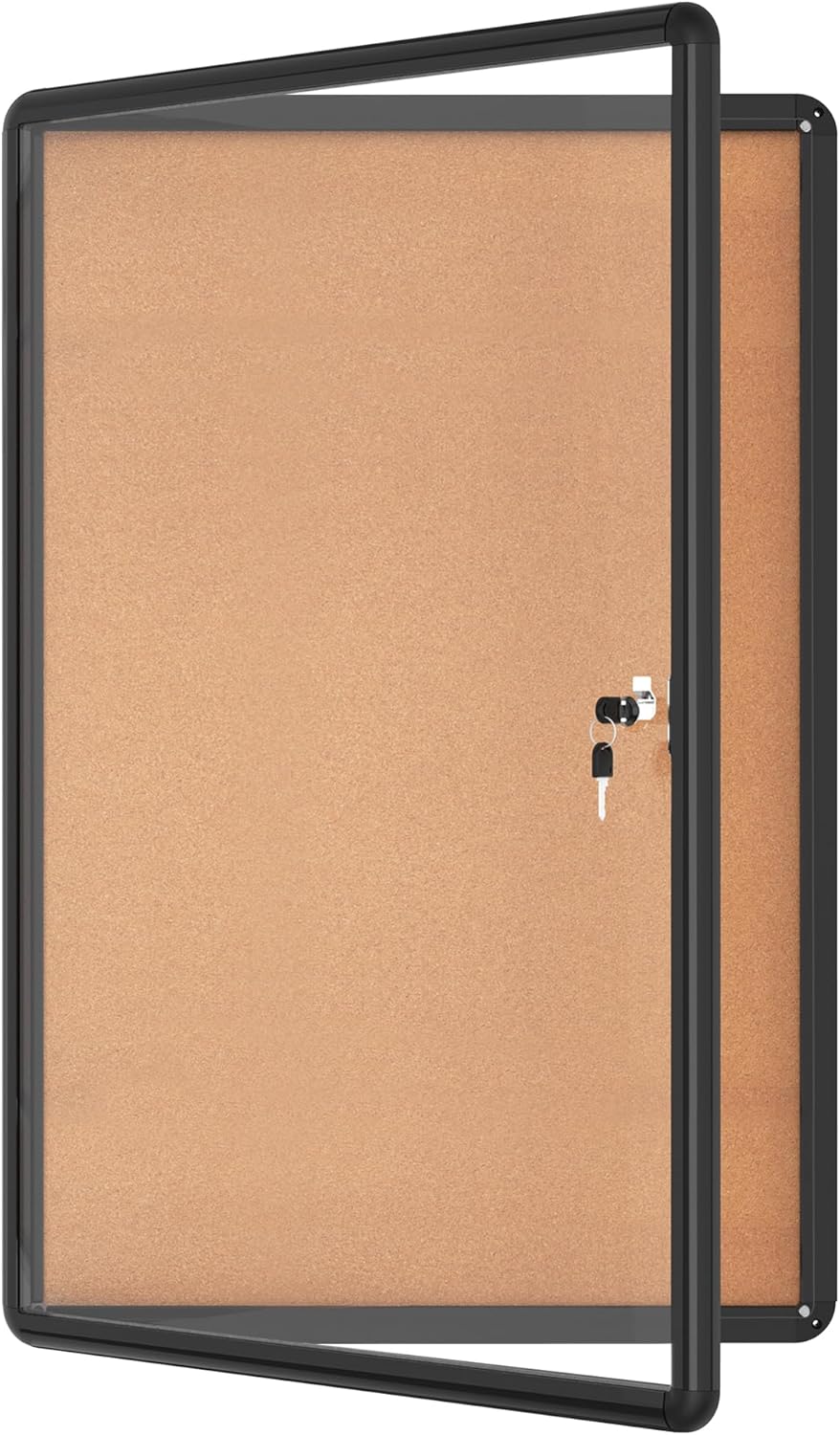 36"x24" Enclosed Bulletin Board, Lockable Weather-Resistant Aluminum Cork Noticeboard for School & Office, Black Frame w/Cork