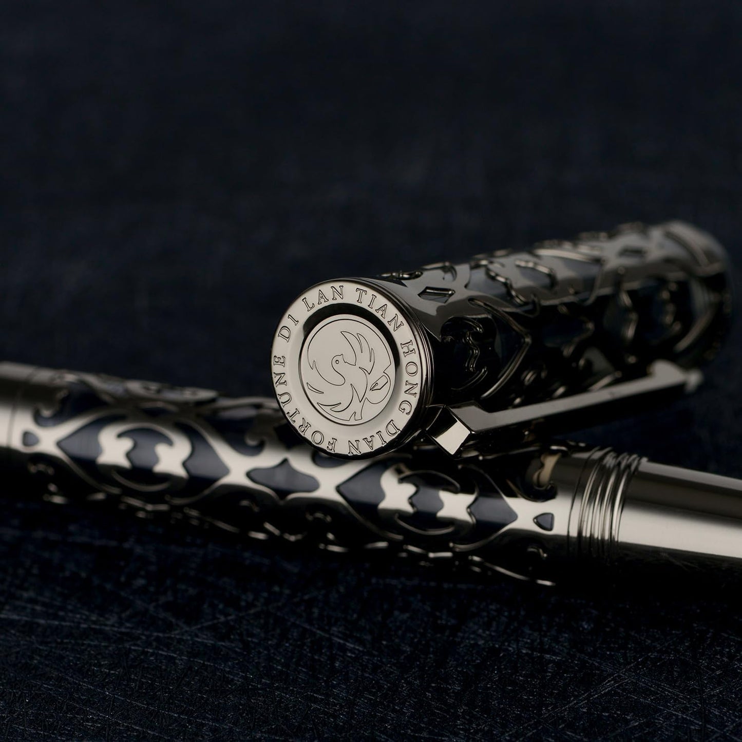 Hongdian D1 Piston Fountain Pen Fine Soft Nib, Jet Black Hollow Skeleton & Resin Pen with Metal Case Set