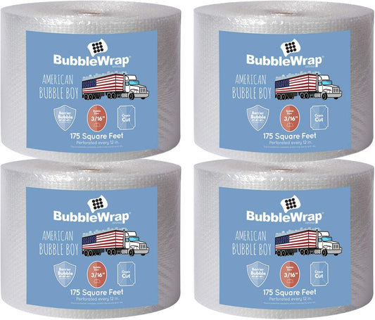 4 large rolls of Bubble Wrap total 700 feet, small bubble wrap 3/16 cushioning, 700 ft, heavy duty, perforated Every 12" Made in the USA by American Bubble Boy, bulk bubble wrap for moving, shipping