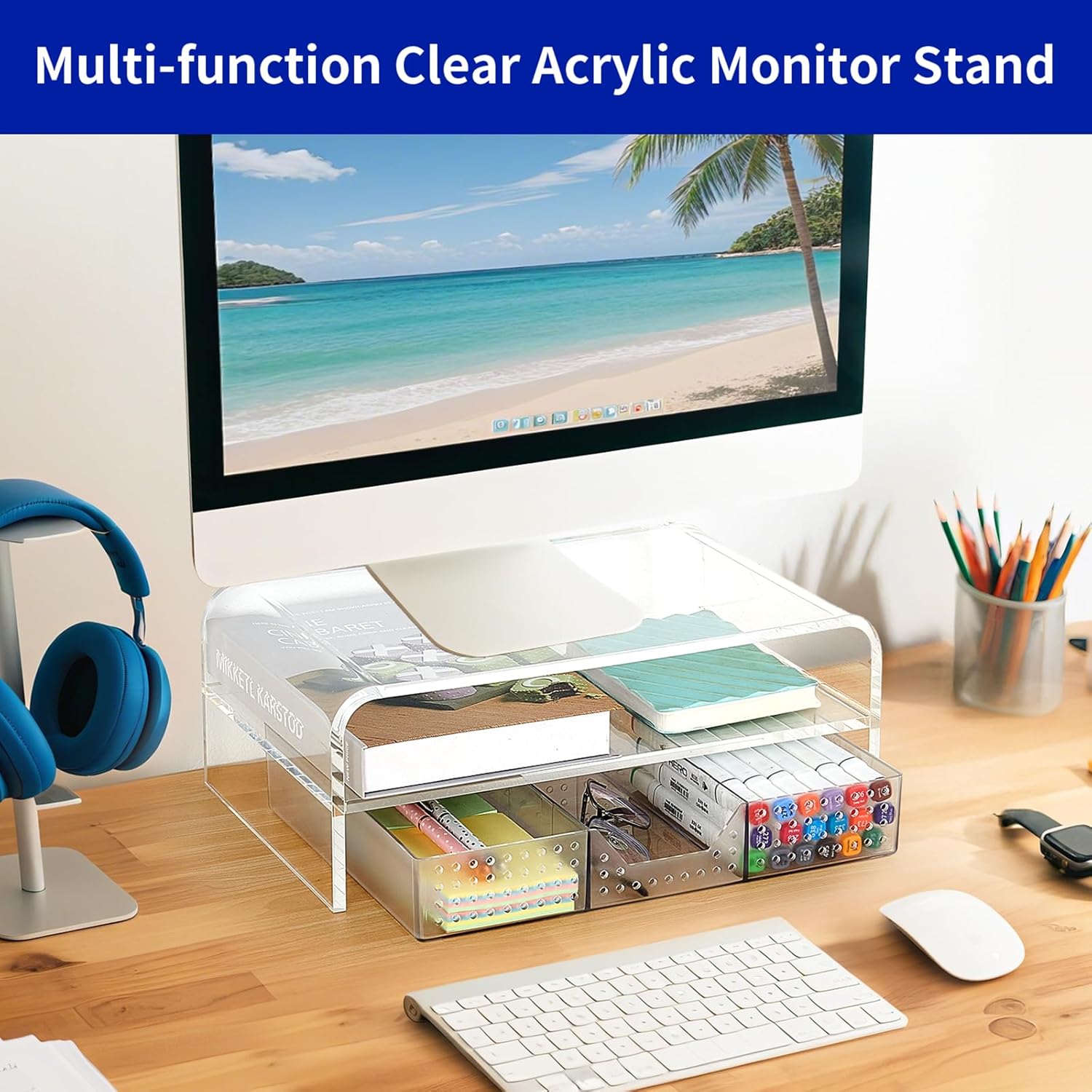 Acrylic Clear Desk Organizers and Accessories, 2-Tier Computer Monitor Stand Riser with Drawer, Laptop Stand, Office Desk Accessories for Office Supplies, Transparent