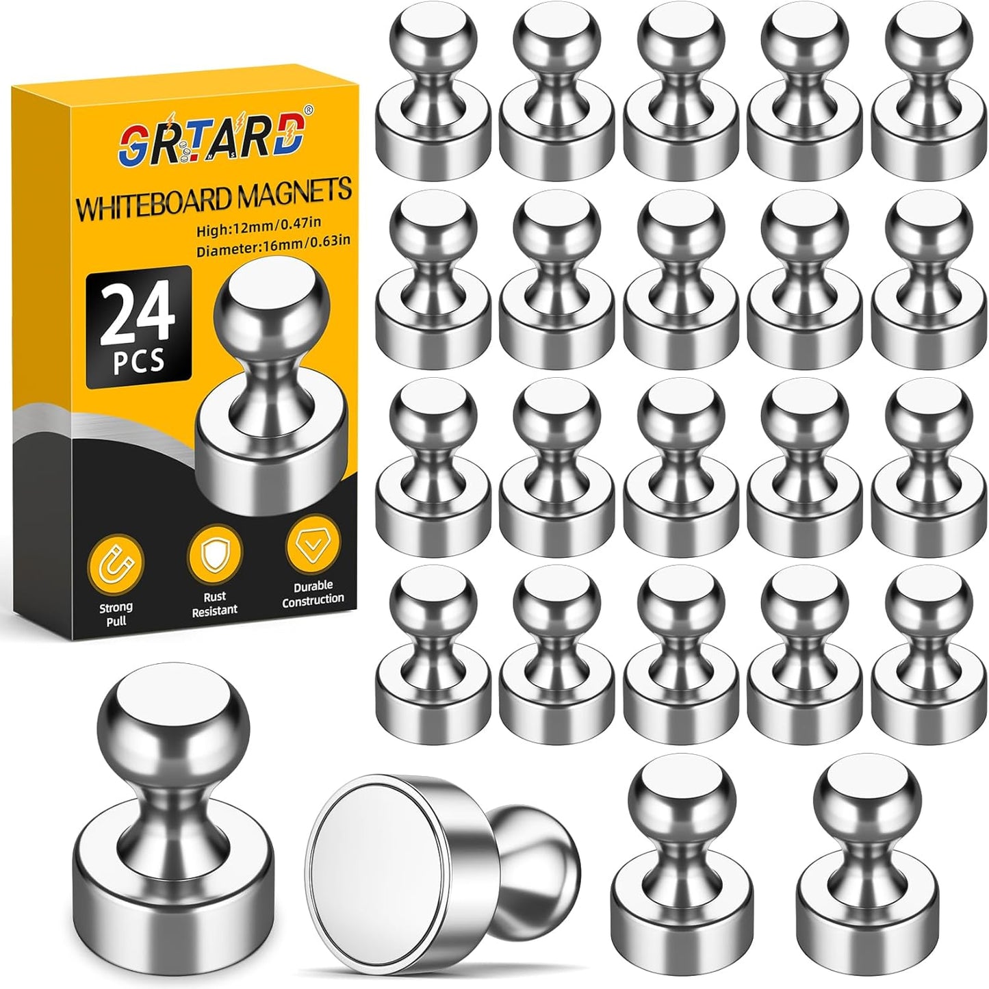 Grtard 24 Pack Magnetic Push Pins, Fridge Magnets for Whiteboard, Whiteboard Magnets Refrigerator Magnets, Small and Strong Push Pin Magnet for Office, School, Locker, and Map Magnet