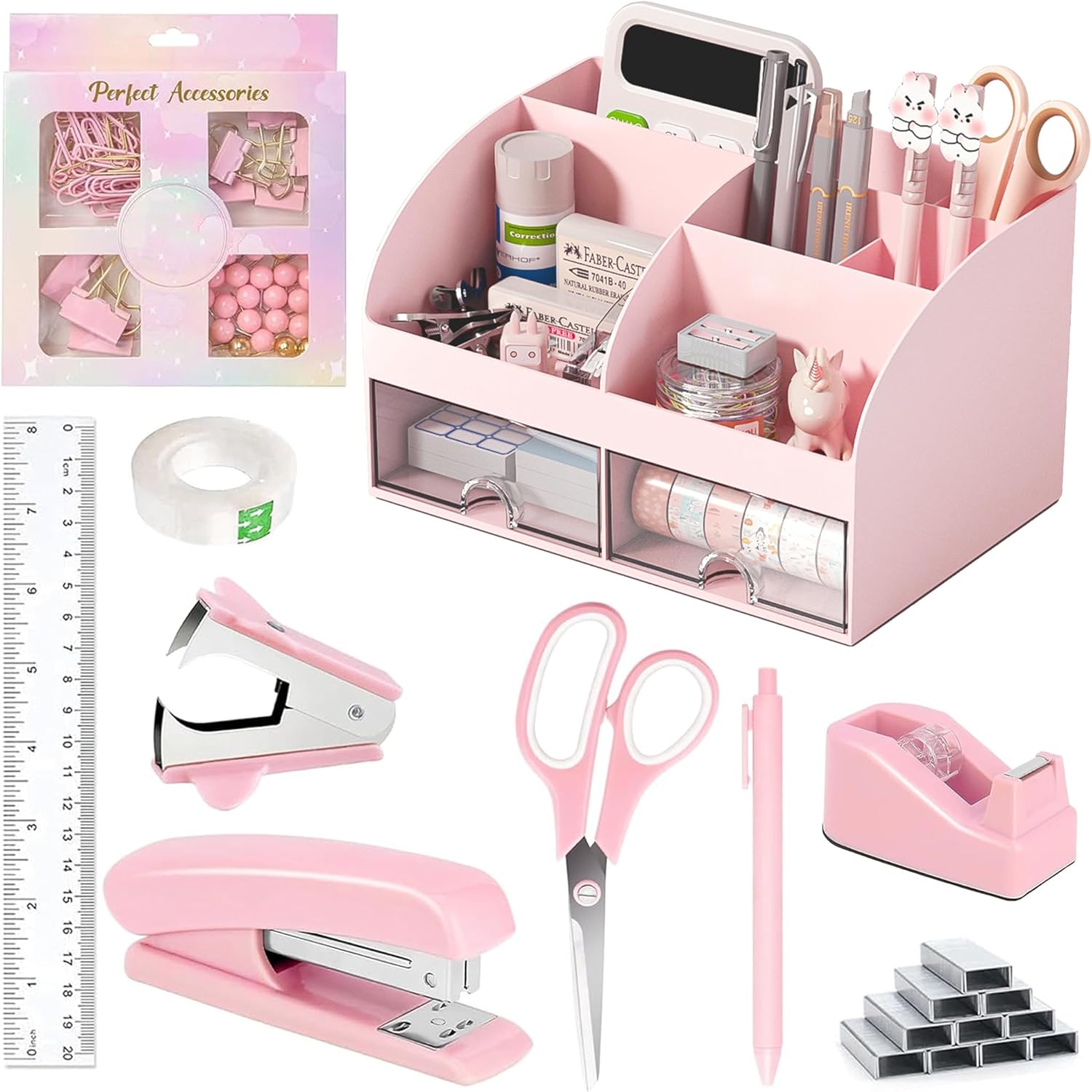 Pink Desk Accessories with Pen Holder, Pink Office Supplies Desk Organizers and Accessories for women, Tape Dispenser, Stapler, Staple Remover, Staples, Clips Set, Ruler, Scissor, Pen, Tape