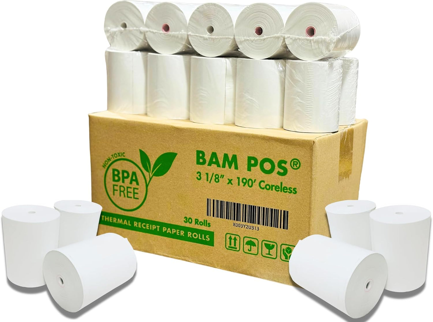 3 1/8 x 190 Thermal Receipt Paper Rolls For Most POS Systems and Receipt Printers, Compatible With Clover Station, Square Station, Toast Station, TM-T88, TSP Series (30 Rolls)