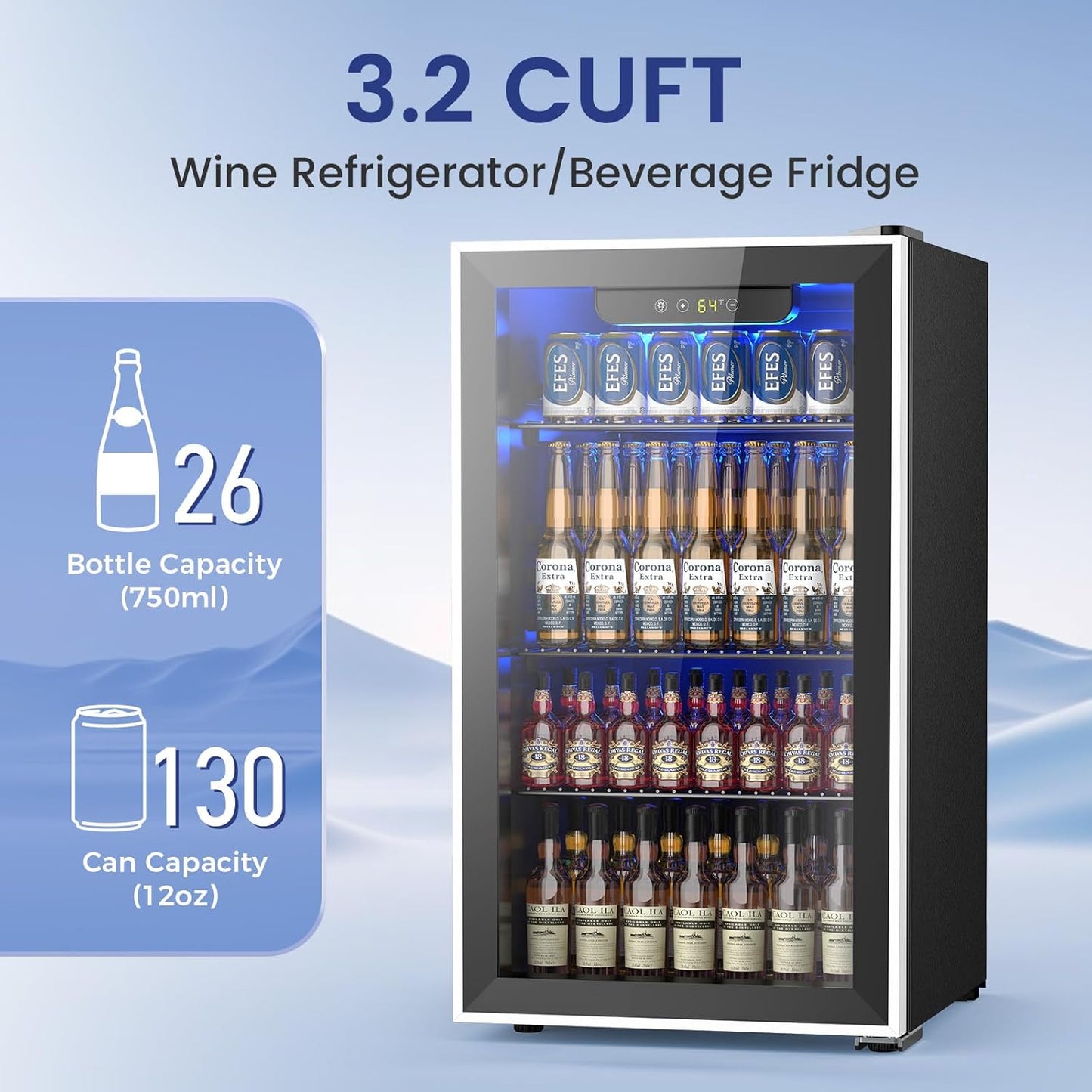 26 Bottle Wine Cooler 130 Can Beverage Refrigerator, Small Freestanding Cabinet Wine Cellar with 40℉-61℉ Temperature Control Glass Door, Black