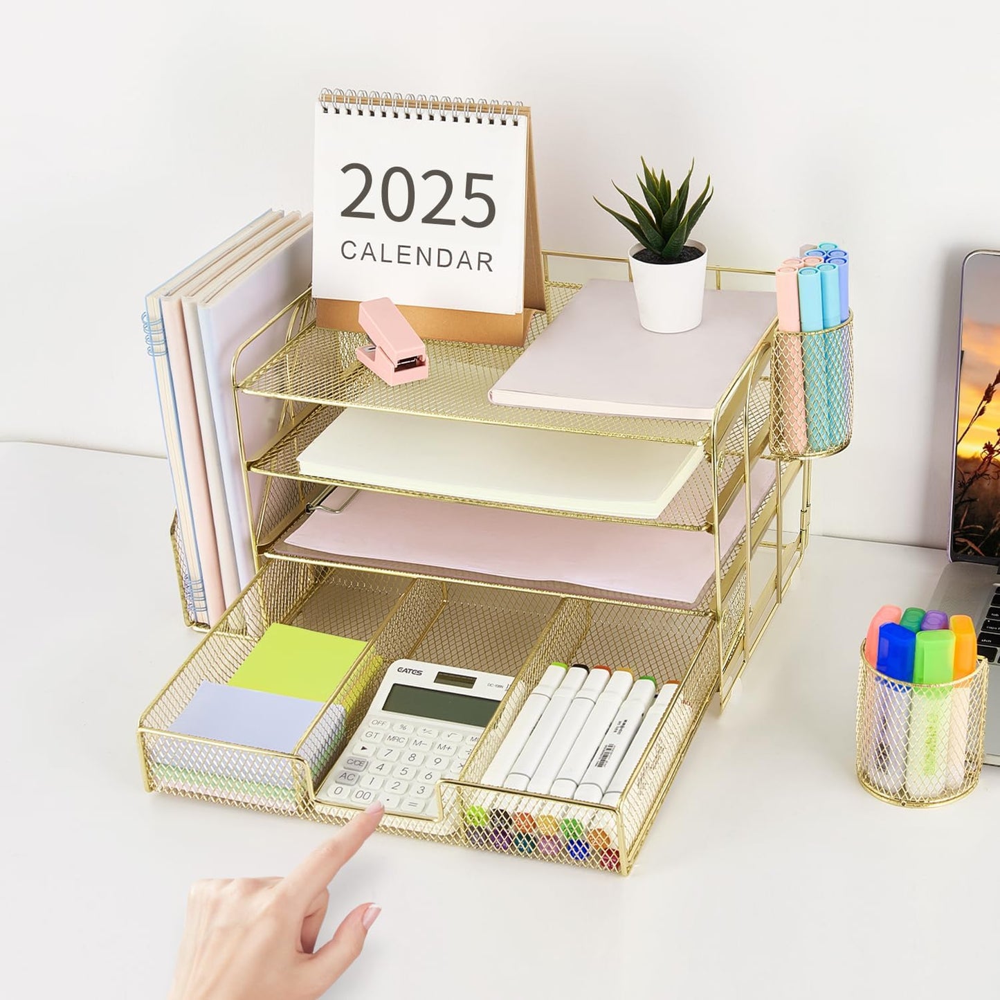 gianotter Desk Organizers and Accessories with File Holder, 4-Tier Desk Accessories & Workspace Organizers with Drawer and 2 Pen Holder, Paper Organizer for Office Supplies(Gold)