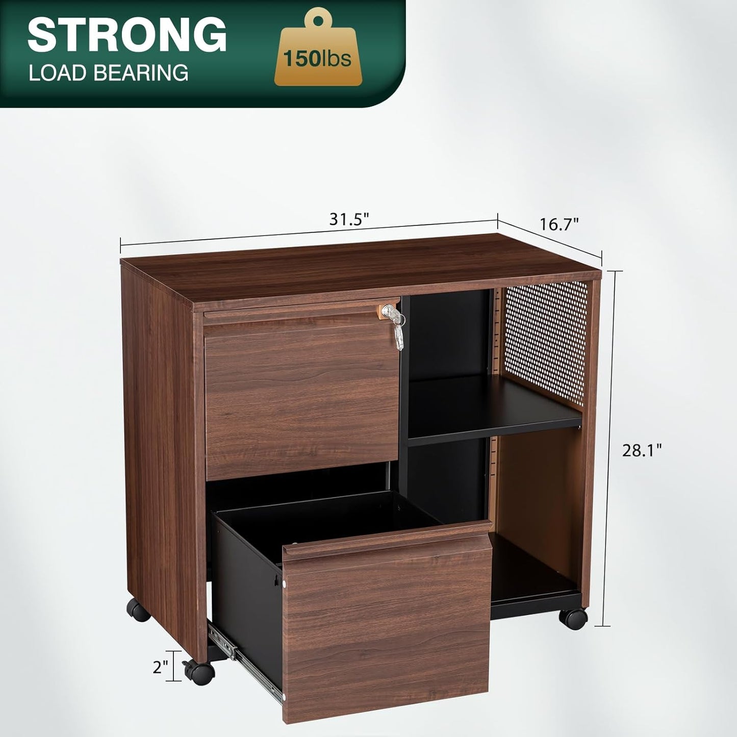 2 Drawer Mobile File Cabinet,Metal File Cabinet with Lock，Lateral Printer Stand Filling Storage Cabinet for Home Office-A4/F4/Letter（Wood