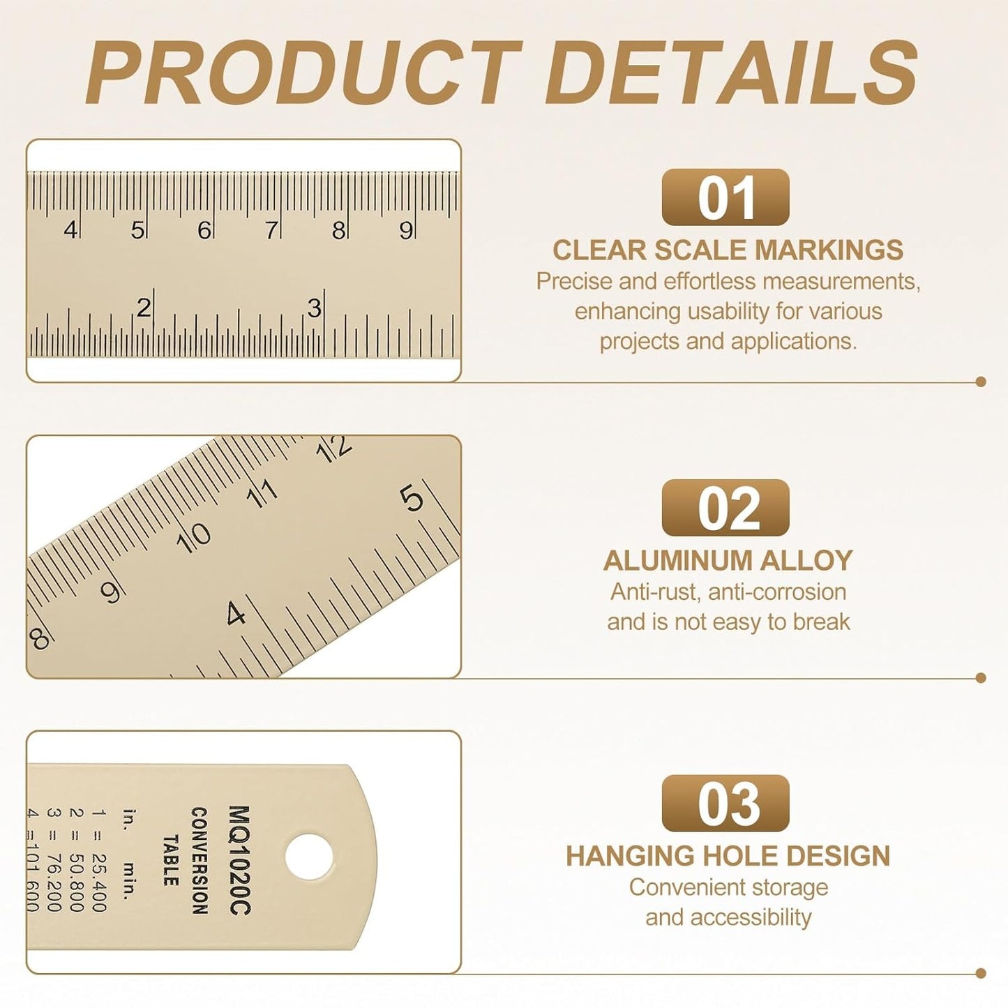 HARFINGTON 4pcs Metal Straight Ruler 15cm Metric SAE Aluminum Alloy Measuring Rulers Scale Tool with Hole for Measure Study Reading Classroom Office, Beige