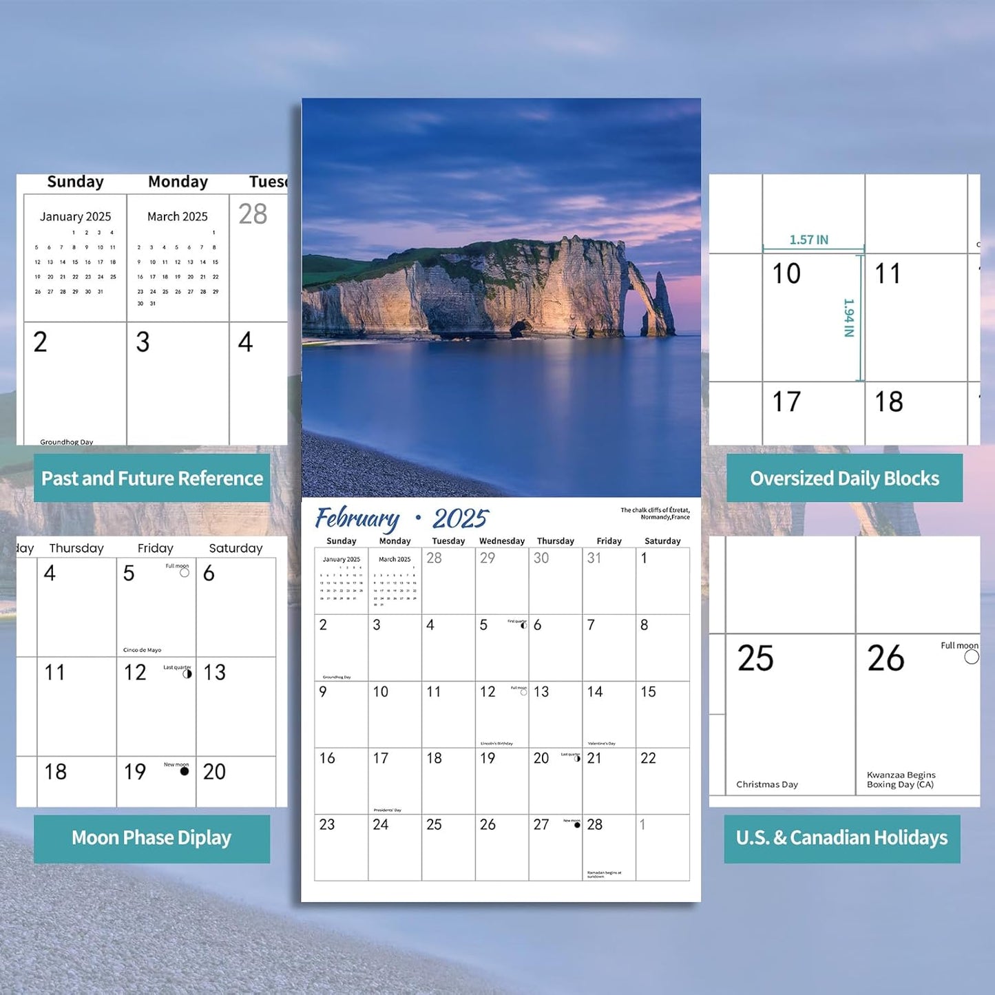 2025 Wall Calendar BEACHES, 18 Months Hangable Wall Calendars, Beach Calendars 2025-2026, 12" x 24" (Open), Thick Glossy Paper, Organizing & Planning