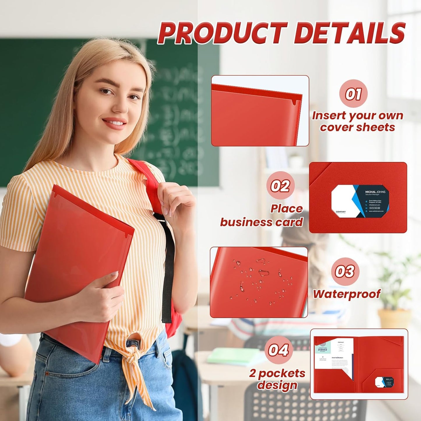 Henoyso 150 Pcs Plastic Folders with Clear Front Pockets Bulk Heavy Duty File Folders with 2 Pockets and Card Slot for Student Teacher Back to School Supplies Office Presentation (Red)