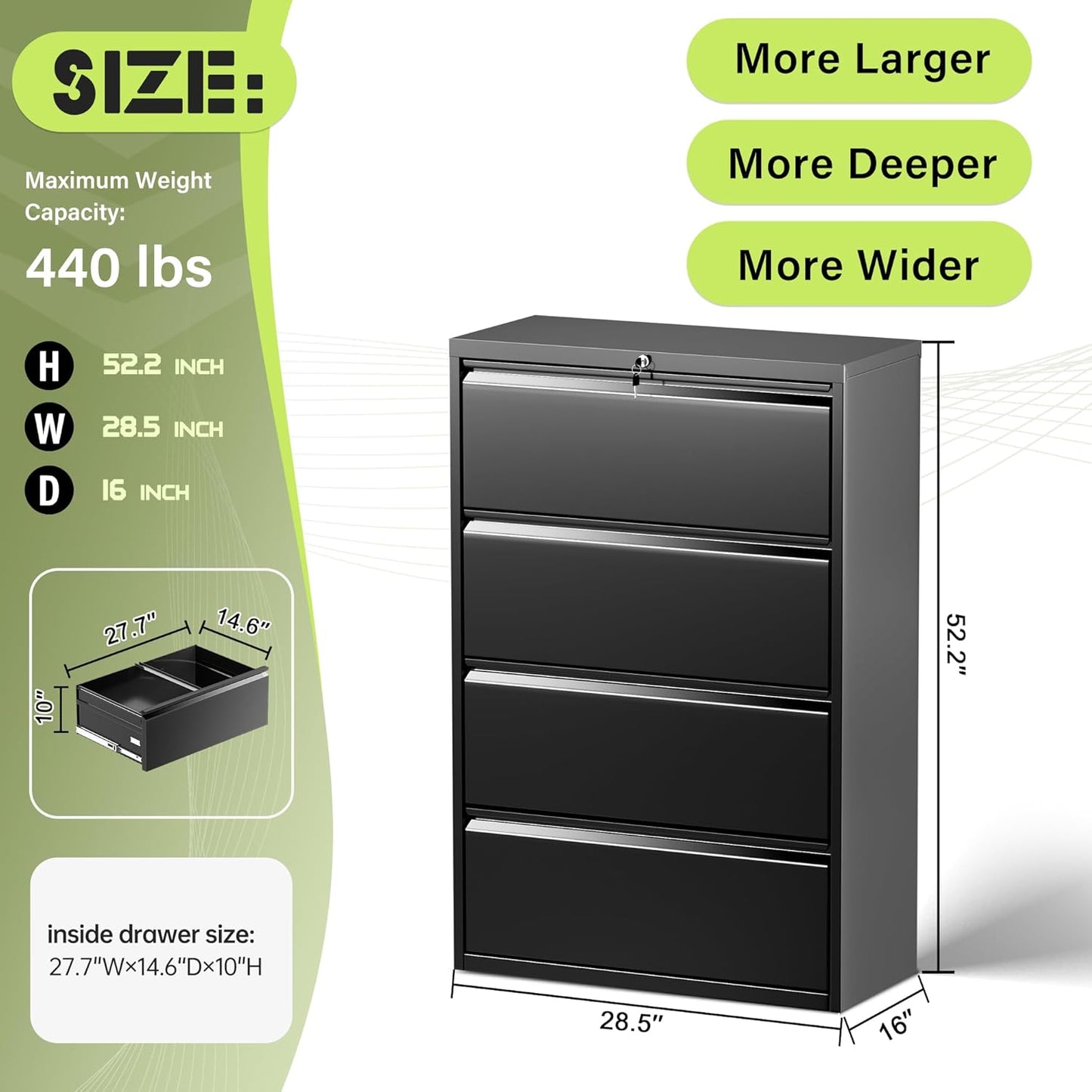 Incbruce 28" W 4 Drawer Lateral File Cabinet, Metal 4 Drawer Lateral Filing Cabinet with Lock, Steel Wide Filing Organization Storage Cabinet for Home, Office, Fit A4/F4/Letter/Legal File (Black)