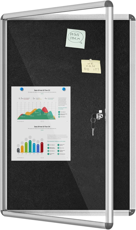 36"x24" Enclosed Bulletin Board, Lockable Weather-Resistant Aluminum Cork Noticeboard for School & Office, Silver Frame w/Black Flet