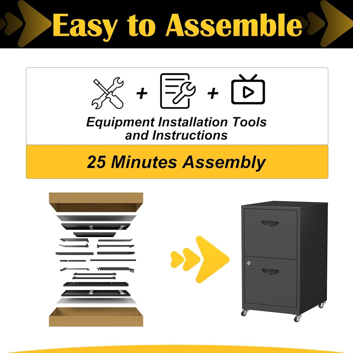 2 Drawer File Cabinet with Lock，Black Rolling File Cabinet for Home Office, Metal Small Mobile Filing Cabinets on Wheels for Hanging Letter