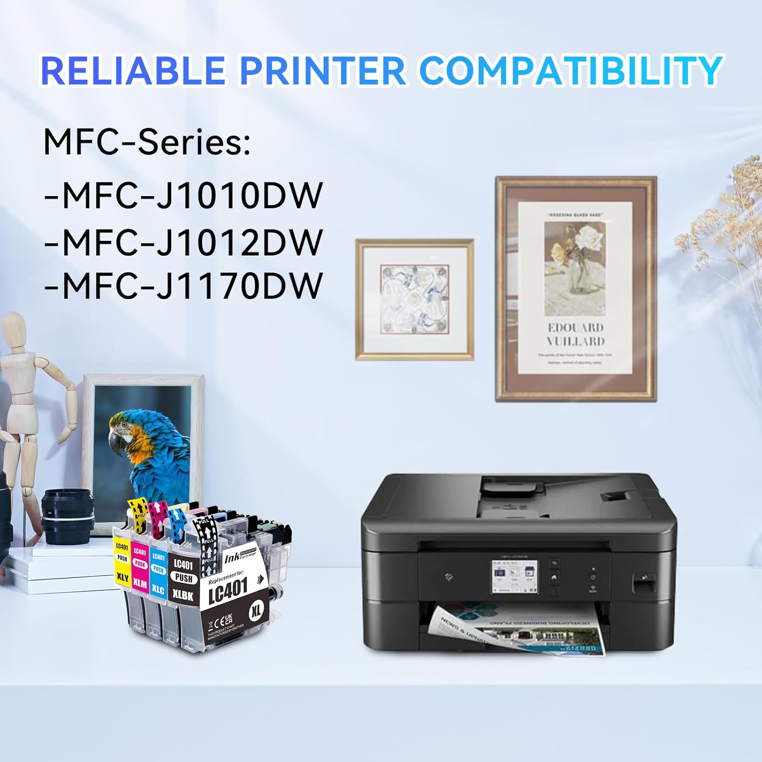 LC401XL Ink Cartridges for Brother Printer 4 Pack Work with Brother MFC-J1010DW MFC-J1012DW MFC-J1170DW Printer (1 Black, 1 Cyan, 1 Magenta, 1 Yellow)