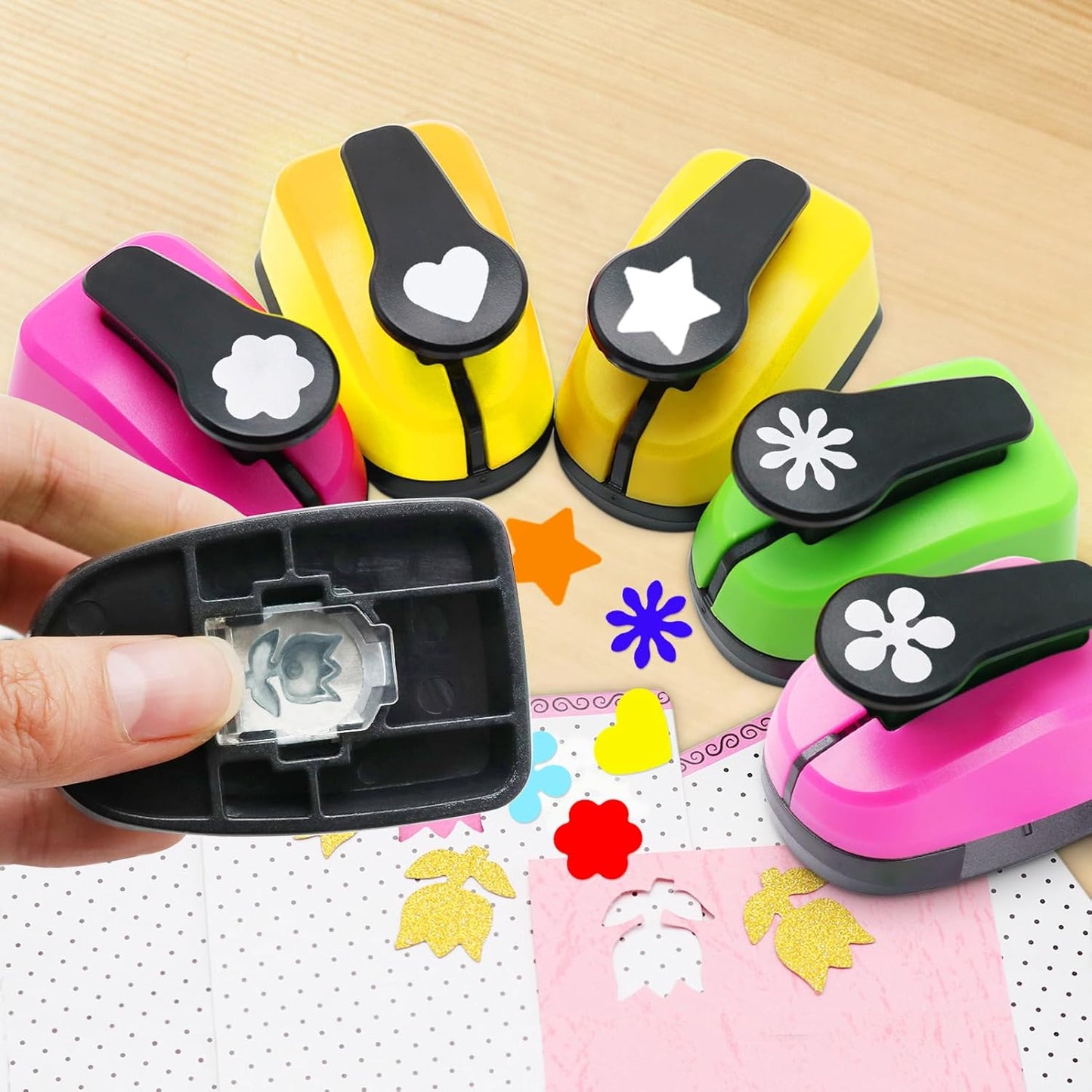 Heart Punch, Flower Hole Punches, Flower Punch, Flowers Paper Punches, 1 inch Hole Puncher for Crafts, 6PCS Flowers Shape Hole Puncher, Heart PaperPunch, Star HolePunch for Scrapbooking
