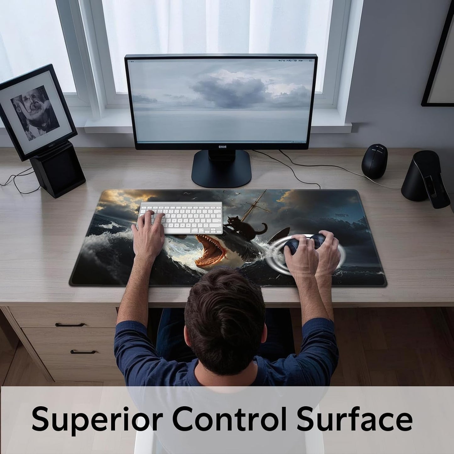 Funny Black Cat Mouse Pad, Abstract Quirky Cat and Shark Mousepad - Large Non-Slip Desk Mat for Office, PC & Laptop - 35.5"x15.7" x 3mm