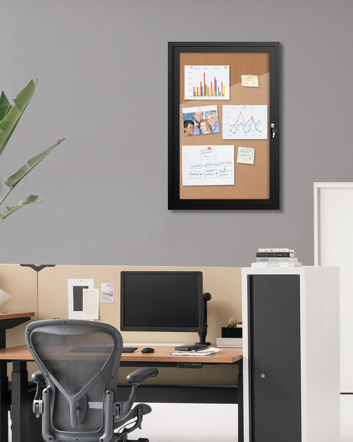 36"x24" Enclosed Bulletin Board, Outdoor Lockable Weather-Resistant Aluminum Cork Noticeboard for School & Office Hospital, Black Frame w/Cork