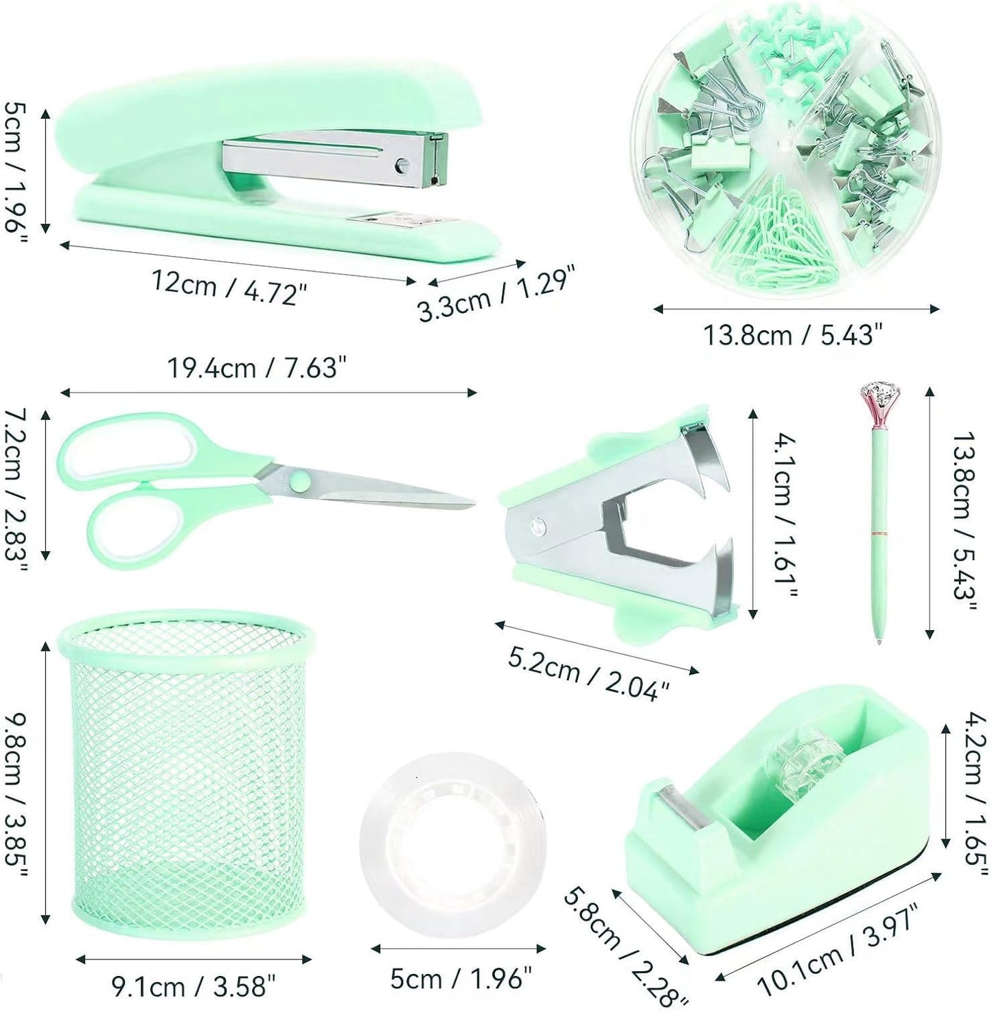 Green Desk Accessories, Pink Office Supplies Set with Stapler, Tape Dispenser, Staple Remover, Pen Holder, Scissor, Binder/Paper Clips, Ballpoint Pen, Clear Tape and 1000pcs Staples