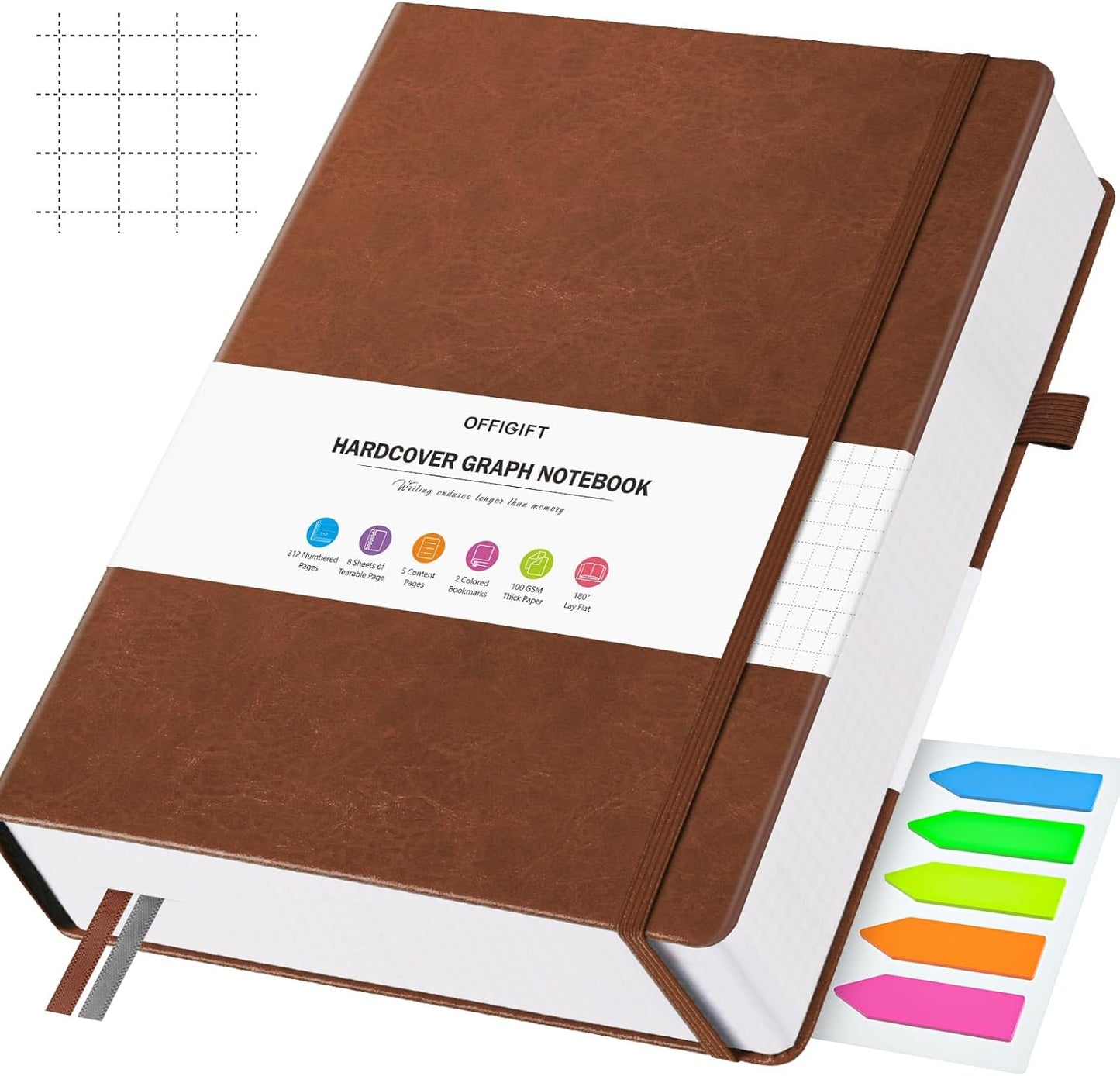 Graph Paper Notebook, 312 Numbered Pages Large A5 Hardcover Leather Journal, 100gsm No Bleed Grid Paper Notebook with Index Pages, Grid Notebook for Graphing Notes Math, 5.75" x 8.38", Brown