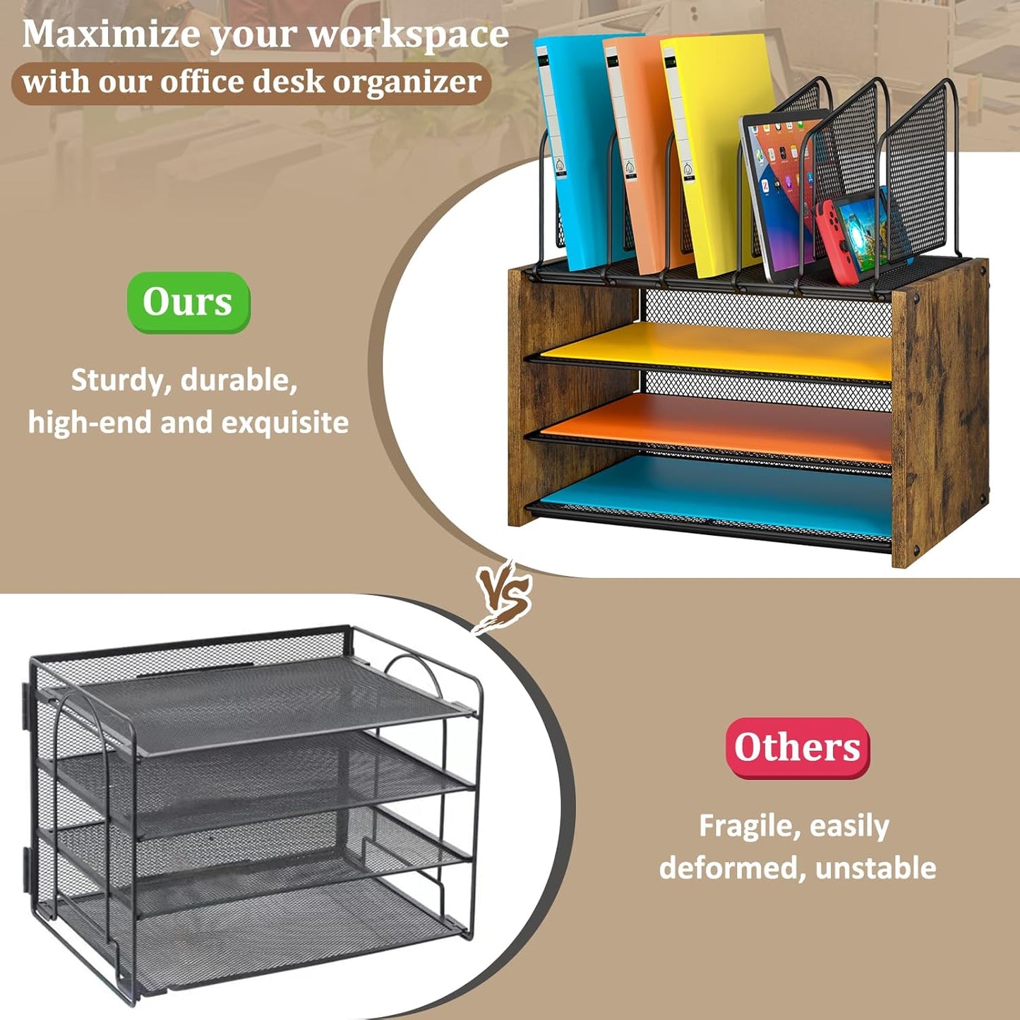 4-Tier Desk Organizer, Desk File Organizer with 5 Vertical File Holders, Office Desktop Organizer with 3 Level Paper Organizer Letter Tray, Wooden Desk Organizers and Accessories for Home Office