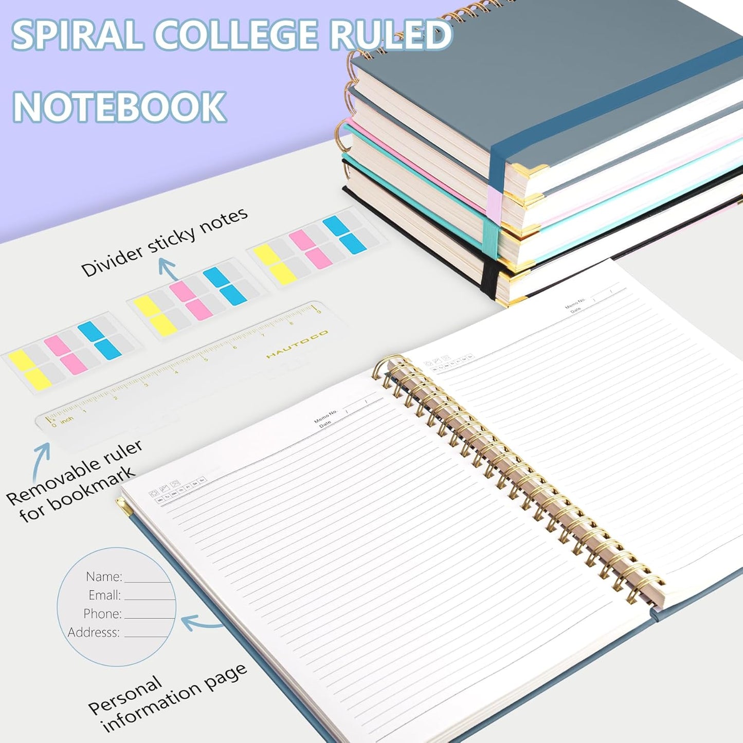 HAUTOCO Spiral Notebook Journal 8.5"x 11", College Ruled Leather Notebook with 320 Pages, 100 GSM Paper, A4 Hardcover Notebook, Lined Journaling Notebooks for Work, Office, School, Business, Airy Blue