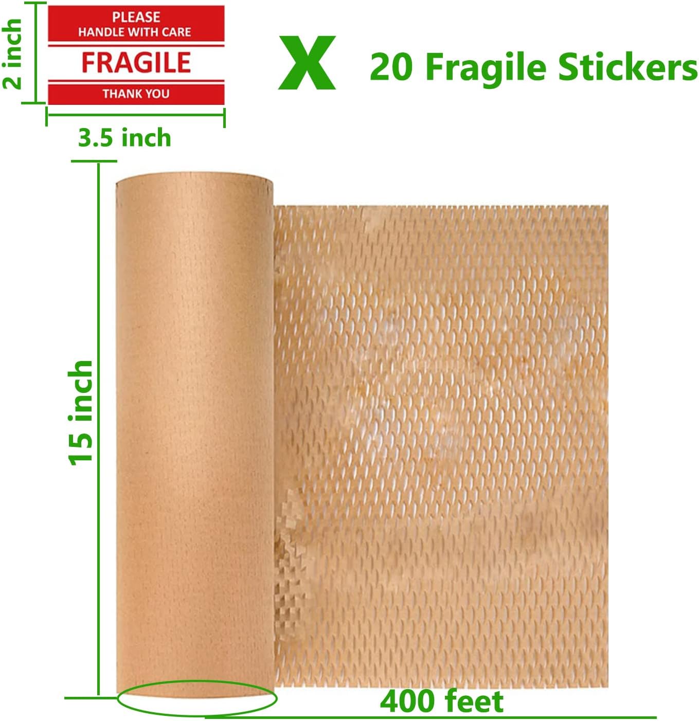 Honeycomb Packing Paper Wrap 15"x400' Sustainable Alternative to Bubble Cushioning Wrap Packing paper for Moving/shipping/packing Roll with 20 Fragile Sticker Biodegradable & Fully Recylable
