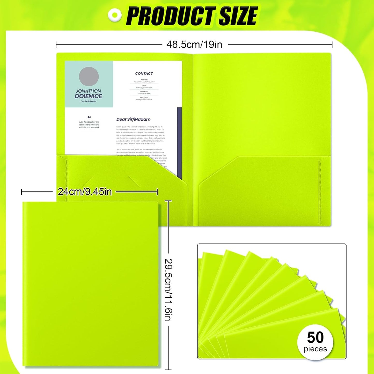 Gueevin 50 Pcs Plastic Folders with Pockets, Back to School Two Pocket Folder Fit Letter Size, Heavy Duty School Business Card Holder for Home Office, 11. 61 x 9. 45 Inches (Fluorescent Green)