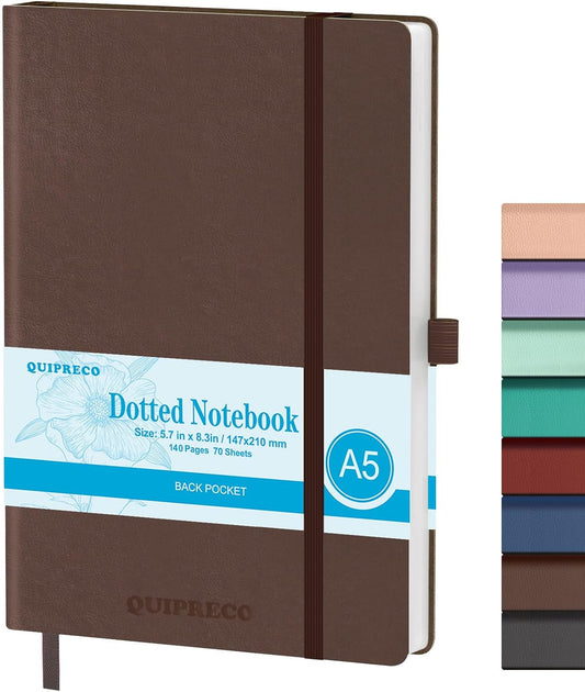 Hardcover Lined Bullet Dotted Journal Notebook, A5 140 192 Pages 100 120Gsm Paper College ruled for School,Work,Travel,and Daily Planning，5.7''*8.3'' (1, Brown, A5 Dotted)