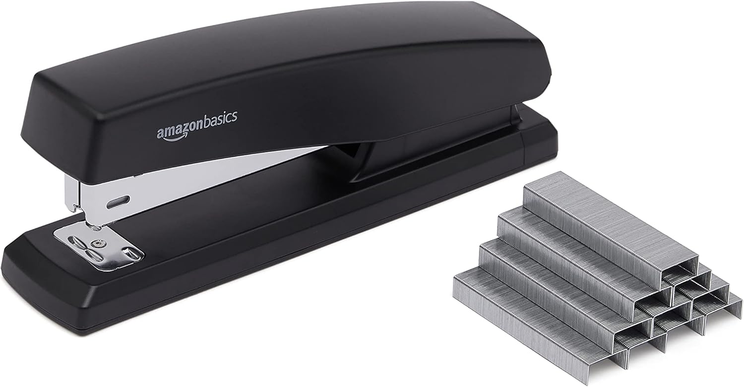 Amazon Basics Desktop Stapler with 1000 Staples, Office Stapler, Lightweight, Easy to Use, 25 Sheet Capacity, Non-Slip, Black, 3 Pack