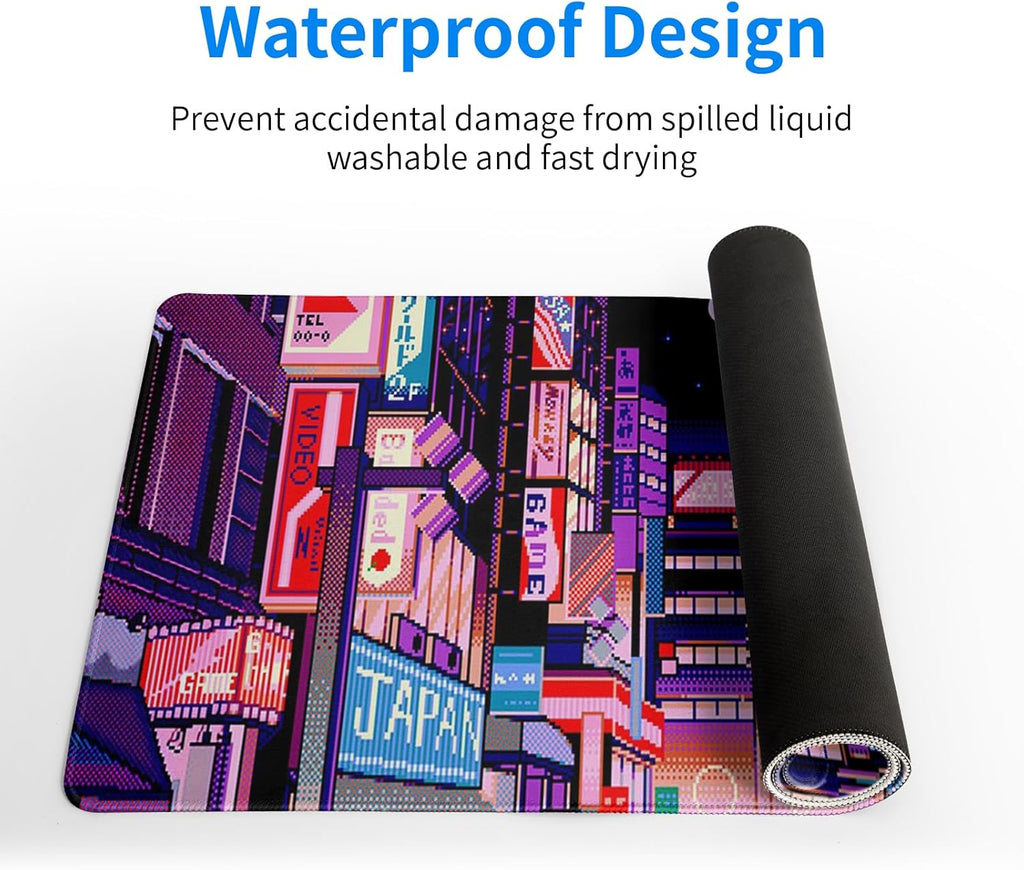 Dark Purple Japanese Gaming Mouse Pad Abstract Anime Mat 27.6x11.8 Inch Tokyo Pixel Street Texture Non-Slip Rubber Base Kawaii Mousepad Stitched Edges Keyboard Desk Pad for Office and Home Game