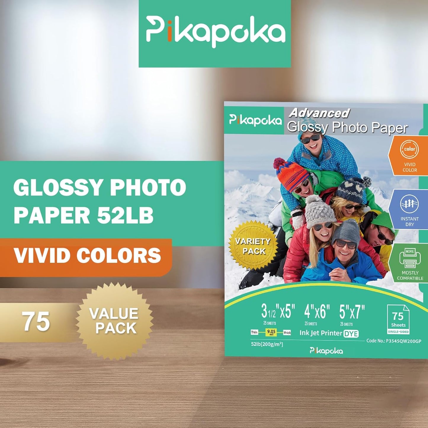 Glossy Photo Paper 3.5x5, 4x6, 5x7, Photo Printer Paper for Inkjet, 75 Variety Pack, Assorted Sizes, 52lb/200gsm